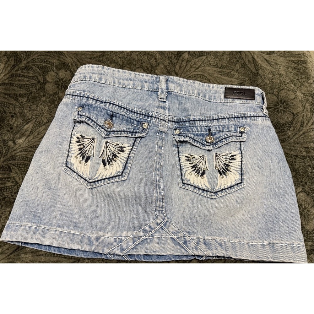 PTCL Women's Embroidered Angel Wings Denim Mini Skirt‎ Sz 27 Y2K